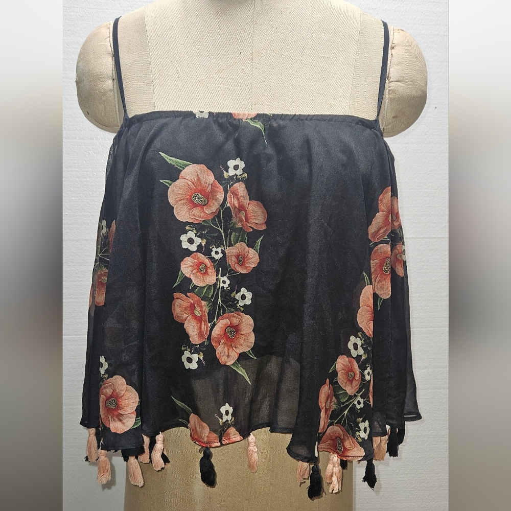 Carolina K Floral-Print Tassel Blouse Size S Color Black, White & Peach Flowers